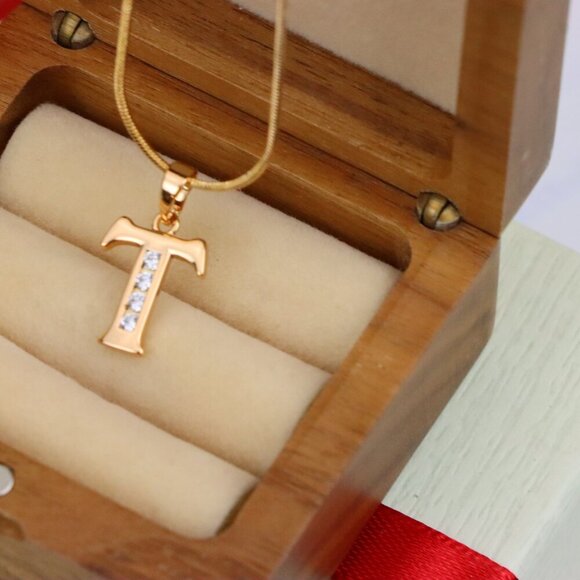 "Rose Gold Initial T Pendant with Crystals – Elegant Brass Jewelry, XPPT1369 - Picture 6 of 13